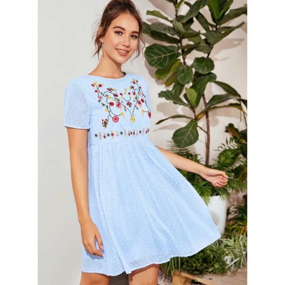 Shein Embroidery Detail Swiss Dot Blue Babydoll Short Sleeve Dress SZ M